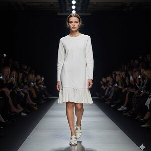 MEIMEIJ Knit Shift Dress with Taffeta Ruffle Hem – Cream –‎ NWT